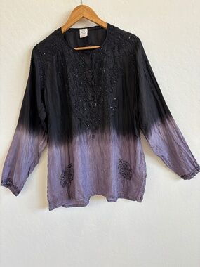 Gugs of Beverly Hills 100% Silk Embroidered Tunic - Ombre Dip Dye Boho Top, L